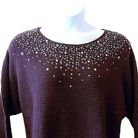 Lane Bryant 18/20 Burgundy Knit Sweater 3/4 Dolman Sleeves Iridescent Beads VGUC - Picture 5 of 9
